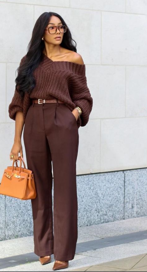 Fall Brown Outfits For Black Women, Chocolate Monochrome Outfit, Neutral Tone Outfits Black Women, Rust Brown Outfit Color Combos, Navy Blue And Brown Outfits For Women, Inverted Triangle Outfits Classy, Chic Monochrome Outfit, Tan Monochrome Outfit, Cozy Work Outfit Office