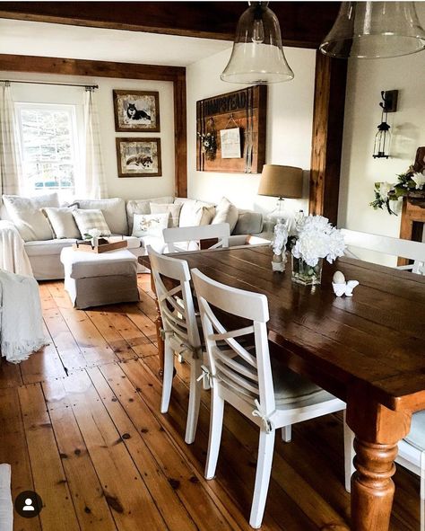 Farmhouse Living And Dining Room Combo, Dinning Sitting Room Combo, Shared Dining Room And Living Room, Dining Room With Sitting Area Cozy, Combination Living And Dining Room, Cottage Living Dining Room, Large Living And Dining Room Combo, Equestrian Living Room Decor, Sitting And Dining Room Combo