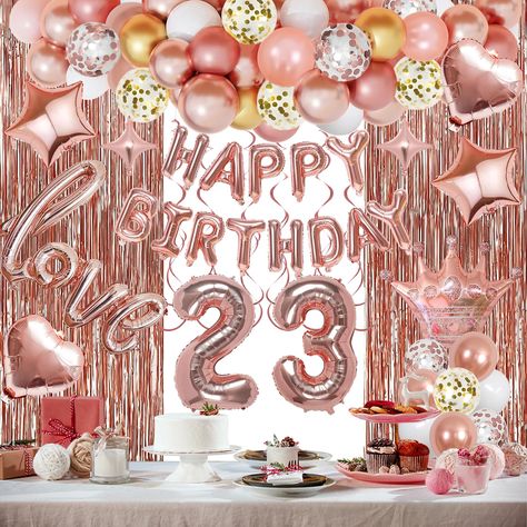 PRICES MAY VARY. Beautiful Rose Gold Birthday Decorations Kit: Includes 39*79in rose gold metallic fringe curtains*2, 32in number foil balloons*2, 51*34in ‘love’ foil balloon*1, ‘happy birthday’ foil balloon*1set, 29.5*27.5 crown balloon*1, 12in confetti balloons (rose gold*6, gold*6), 10in balloons (metallic rose gold*6, metallic gold*6, rose gold*6, white*6), 18in foil balloons*4, 10in star foil balloons*2, hanging swirls*1, balloon tools*1. Nice Choice for Women 23rd Birthday Party: Beautiful crown balloon, fringe curtains, hanging swirls, and colorful balloons can make a wonderful photo background when putting together. Six different color balloons can be easily make a balloon arch with tools attached, more than 16 different rose gold decorative elements will make your birthday party u 26th Birthday Decorations, 24th Birthday Decorations, 29th Birthday Decorations, 23rd Birthday Decorations, 25 Birthday Decorations, Gold Happy Birthday Banner, Crown Balloon, Birthday Decorations For Women, Gold Birthday Decorations