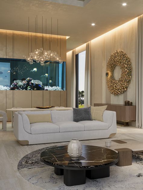 Aquarium Design Interior Living Rooms, Dining Room Aquarium, Living Room Aquarium Ideas, Home Aquarium Living Rooms, Room With Aquarium, Big Aquarium Living Rooms, Ideas For Coffee Tables, Aquarium Living Room, Villa In Dubai