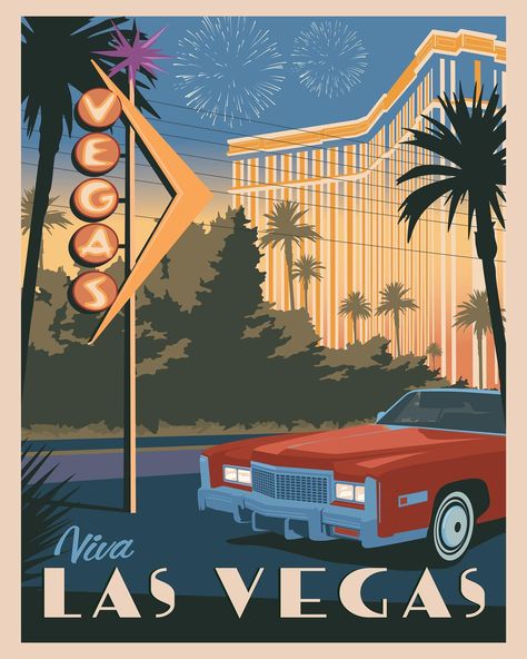 Las Vegas is the big, famous playground in the Nevada desert. Vegas contains over 100 casinos and nearly 150,000 hotel rooms! This print is available for purchase on premium paper, framed, or on canvas. Just click the link in the bio. Nevada Desert, Vintage Poster Design, Art Deco Poster, Deco Poster, Retro Travel Poster, Vegas Trip, Art Deco Posters, Vintage Poster Art, Style Travel