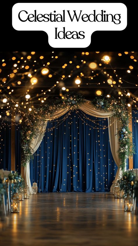 A celestial wedding arch decorated with midnight blue and gold accents, surrounded by twinkling lights and dreamy details like a starry seating chart, creating a magical atmosphere for a celestial wedding celebration. Wedding Colors Midnight Blue, Wedding Ceiling Lights Starry Nights, Silver Blue Wedding Theme, Stars Align Wedding, Starry Night Entrance Decor, No Theme Wedding, Celestial Event Decor, Prom Themed Wedding, Stary Night Wedding Aesthetic