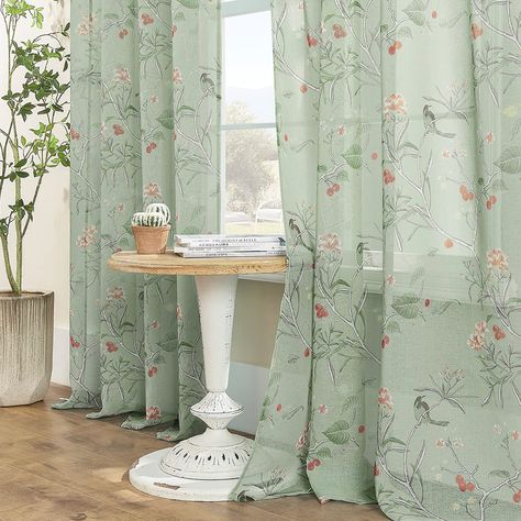 Spring Prints Pattern, Light Green Curtains, Sage Green Curtains, Bird Branch, Retro Curtains, Bathroom Window, Curtains For Bedroom, Green Curtains, Curtains For Living Room