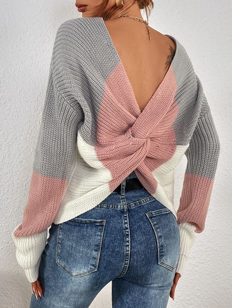 Multicolor Casual Collar Long Sleeve Fabric Colorblock Pullovers Embellished Slight Stretch  Women Clothing Shein Sweater, Preppy Prom, Trendy Business Casual, Business Formal Dress, Coachella Dress, Boho Bridesmaid, Formal Dresses Gowns, Back Drop, Women Sweaters