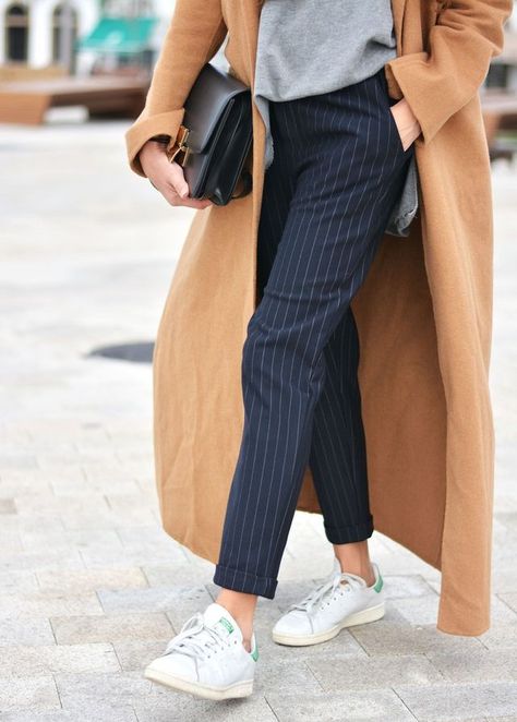 camel coat + striped pants Blue Striped Pants Outfit, Stripped Pants Outfit, Navy Blue Pants Outfit, Pinstripe Pants Outfit, Striped Pants Outfit, Navy Pants Outfit, Blue Pants Outfit, Stripe Pants Outfit, Pants Outfit Work