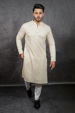 Shop for Kasbah White Georgette Chikankari Embroidered Kurta for Men Online at Aza Fashions White Chicken Kurta For Men, White Chikankari Kurta For Men, Off White Kurta For Men, Lucknowi Chikankari Kurta For Men, Chicken Kari Kurta For Men, Chicken Kurta For Men, White Kurta Men, Chikankari Kurta For Men, Kurta Designs Men's