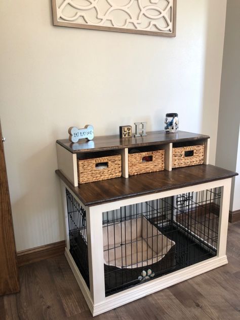 Hide Dog Kennel Ideas, Dog Kennel Hidden, Storage On Top Of Dog Crate, Dog Cage Inside House, Dog Section In Apartment, Dog Kennel Ideas Indoor Small Space, Shelves For Dog Stuff, Dog Cage Storage Ideas, Dog Set Up In Small Apartment