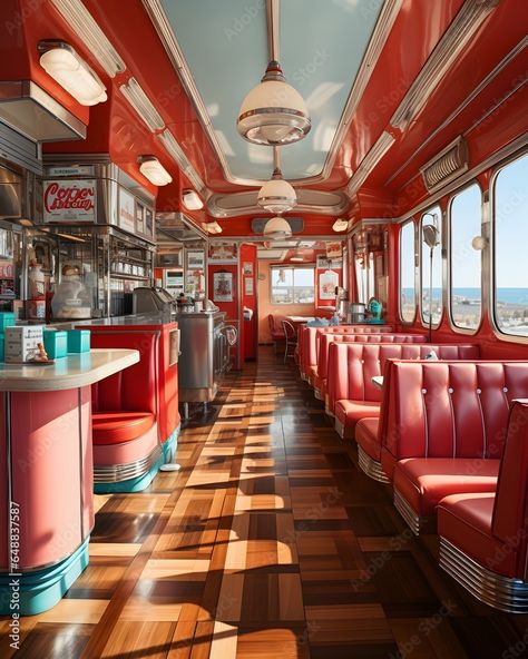 1970's Style of Retro Diner Interior - Adobe Stock Image 1950s Kitchen Aesthetic, 50s Diner Kitchen, Diner Interior, 1950’s Kitchen, 1950s Diner, Vintage Road Trip, American Cafe, 50's Diner, 50s Diner