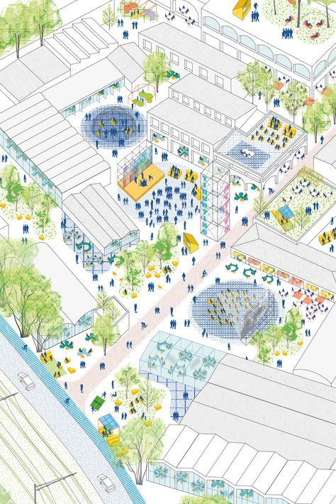 m²ft architects, Giovanni Paolo Tesei - Urban Reactivation of Tiburtino Neighborhood in Rome.  This axon is successful because of its vibrancy.  As a drawing that is meant to capture the reactivation of a neighborhood, the colors, greenery, and crowds of people suggest that this a lively urban area. Urbanism Drawing, Axonometric Drawing Architecture, Axonometric Architecture, Axonometric Diagram, Masterplan Architecture, Landscape Diagram, Axonometric Drawing, Urban Design Diagram, Urban Analysis