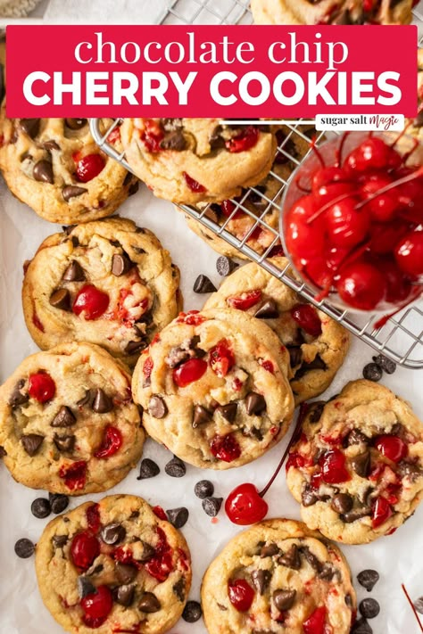 These cherry chocolate chip cookies are a gorgeous combo of maraschino cherries and dark chocolate. These thick and soft cookies are easy to make and taste amazing. Maraschino cherry chocolate chip cookies are a great mash-up of the fabulous cherry-chocolate combo and chocolate chip cookies. Bejewelled with maraschino cherries, while I’m posting these in May, they’re perfectly festive for Christmas too. I say make them right now because they’re so good. Chocolate Chip Cherry Cookies Recipes, Maraschino Cherry Chocolate Cookies, Marchino Cherry Chocolate Chip Cookies, Cherry Chocolate Chunk Cookies, Recipes With Candied Cherries, Marishino Cherry Cookies, Lemon Cherry Cookies, Marichino Cherry Cookies, Grandmas Chocolate Chip Cookies