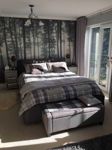 Forest Bedroom Ideas, Woodsy Bedroom, Forest Mural Wallpaper, Woodland Bedroom, Forest Bedroom, Fresh Bedroom, Forest Mural, Rustic Theme, Gray Bedroom