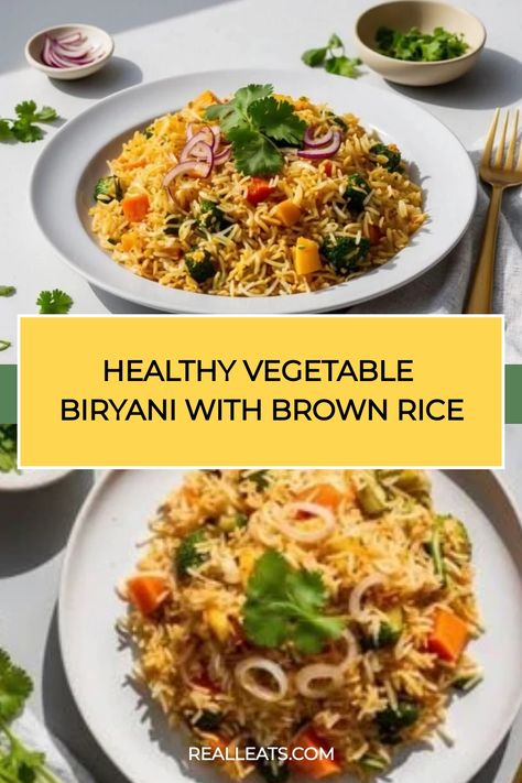 Healthy vegetable biryani with brown rice garnished with cilantro and onions. Nourishing Dinner, Vegetable Biryani, Brown Rice Recipe, Healthy Indian Recipes, Brown Rice Recipes, Measuring Ingredients, Healthy Vegetable, Healthy Vegetables, Mixed Vegetables