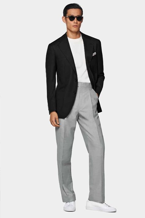 Black Blazer Grey Pants Outfit Men, Light Grey Blazer Outfit Men, Blazer Men Outfit, Grey Blazer Outfit, Grey Pant, Black Leather Jacket Outfit, Black Blazer Men, Light Grey Blazer, Wedding Fits