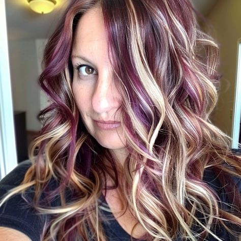 Copper And Violet Highlights, Blonde Purple And Brown Hair, Purple Brown Blonde Hair, Fall Hair Colors Highlights Low Lights, Fall Hair Colors With Purple, Mahogany And Blonde Hair, Plum Lowlights In Blonde Hair, Fall Burgundy Hair, Blonde And Plum Hair