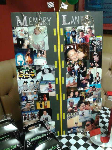 16th drivers license theme party. Memory lane picture board. License Birthday Party, Car Themed Sweet 16, Memories Theme Party, Hot Rod Party Ideas, Car Theme Graduation Party, Sweet 16 Boys Party 16th Birthday, New Driver Birthday Party Ideas, Sweet 16 For Boys Ideas, Memory Lane Party Ideas