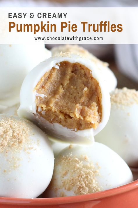 These easy pumpkin pie truffles start with graham crackers, real pumpkin and pumpkin spice to make a delicious fall treat. Dipped in white chocolate, a graham cracker, pumpkin, cream cheese filling makes them an easy, no bake thanksgiving dessert for the holidays. Grab this no bake pumpkin recipe and many others on my blog. Leaf Dessert, Pumpkin Pie Pops, Fall Truffle Recipes, Pumpkin Pie Cake Pops, Pumpkin Truffle Dessert, Pumpkin Pie Cheesecake Truffles, Pumpkin Pie Truffles Easy, Pumpkin Pie Balls Dipped In Chocolate, Pumpkin Spice Truffles