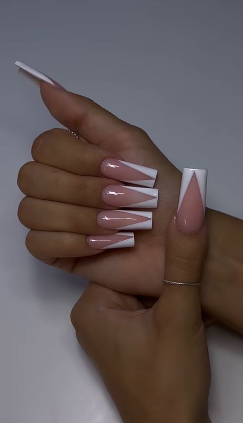 V French Acrylic Nails, Pink N White French Nails, Nail Ideas Colorful French Tip, One Color French Tip Nails, V Tip Nail Designs, White French Tip Nails With Pink, White Pink French Tip Nails, Long Square Gel X Nails, White V Tip Acrylic Nails