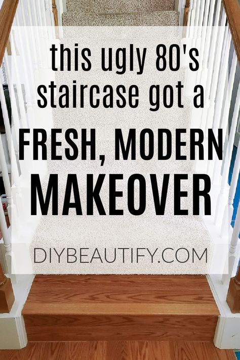 Dated 80's oak staircase to WOW! Come see this modern and fresh makeover! Stairs Behind Front Door, Ideas For Stairs Staircase Makeover, Foyer And Staircase Entryway, Mid Century Stairs Design, White Metal Stair Railing, Pine Staircase Makeover, Diy Bannister Makeover Wood, 70s Staircase Makeover, Redone Staircase