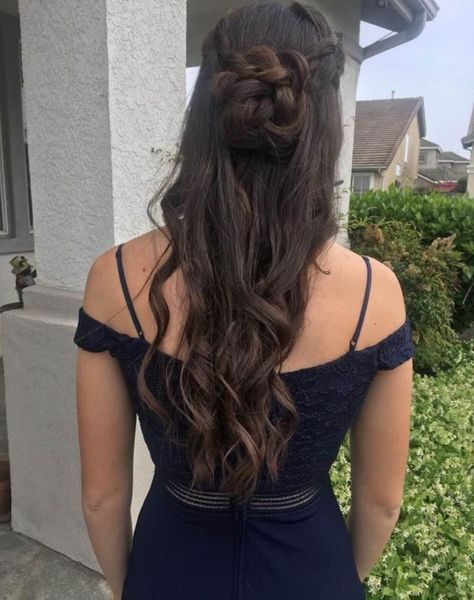 Half Up Rose Bun, Braid Bun Half Up Half Down, Rose Half Up Half Down Hair, Confirmation Hairstyles Half Up, Grad Half Up Half Down Hair, Half Up Bun Prom Hair, Long Hair Half Up Half Down Bun, Half Up Half Down Braided Bun, Up Doos Hairstyles