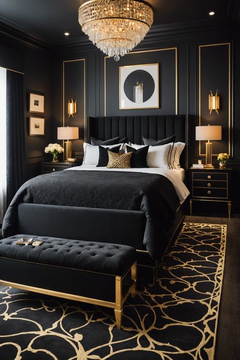 20 Stunning Black And Gold Bedroom Ideas – ToolzView Black And Gold Bedroom, Unique Dorm Room, Gold Bedroom Decor, Black Bedroom Decor, Gold Bedroom, Black Bedroom, Woman Bedroom, Master Bedrooms Decor, Remodel Bedroom