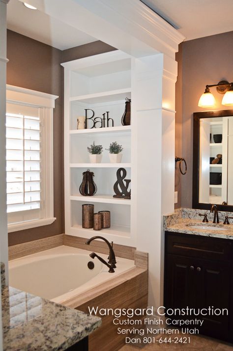 Finish Carpentry Ideas ~ love the shelves in the bath. Makes me wish I didn't have a window at the foot of my tub. Built In Baths Under Window, Tub With Shelves At End, Master Bath Tub Surround Ideas, Bathroom Shelving Above Tub, Bathtub Ledge Ideas, Garden Tub Surround Ideas, Storage Above Bathtub, Bathroom Cabinetry Ideas, Master Bath Must Haves