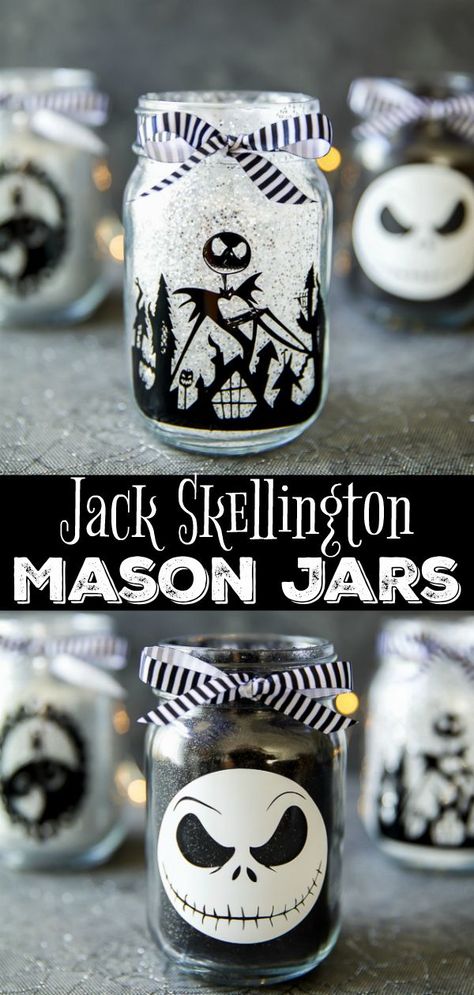 DIY Jack Skellington Mason Jars - how to make glitter mason jars for Halloween #JackSkellington #TheNightmareBeforeChristmas #Halloween #masonjars Diy Halloween Party, Mason Jar Luminaries, Deco Disney, How To Make Glitter, Glitter Mason Jars, Mason Jar Projects, Diy Halloween Decor, Easy Halloween Crafts, Diy Jar Crafts