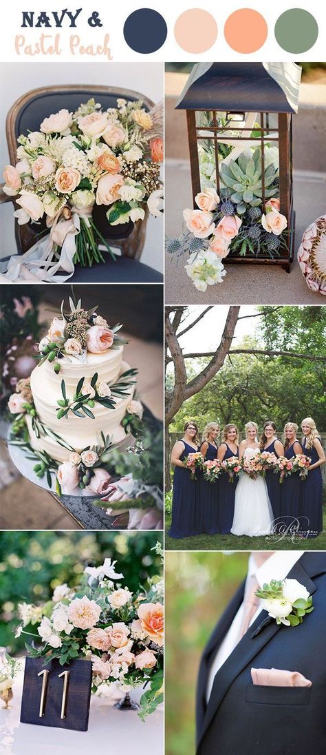 dark blue,peach and soft green garden wedding colors Wedding Themes Spring, Best Wedding Colors, Wedding Themes Summer, Wedding Color Combos, Gubahan Bunga, Wedding Colours, Spring Wedding Colors, Wedding Themes Fall, Summer Wedding Colors