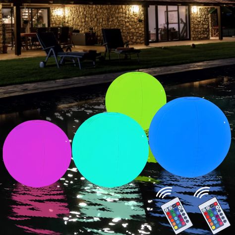 PRICES MAY VARY. 【IP68 Waterproof & Durable】Each glowing ball is made of high-quality PVC ,thickness is 0.07 ‘’,is much thicker than the another LED Light beach balls. Don’t worry about the lights doesn’t work in the rain or snow, the IP68 waterproof class enables the lights to work normally under any circumstances.led pool lights are durable enough for playing, splashing, dropping. 【Glow in the Dark Ball】The Light up Ball glows in the dark, light up beach ball can be changed 16 colors with remo Led Ball Lights, Floating Pool Lights, Led Ball, Decorative Night Lights, Pool Lights, Beach Garden, Floating Lights, Pool Decor, Pool Light