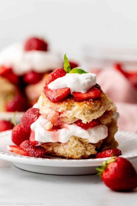 Skip the store-bought and make strawberry shortcake completely from scratch. With only a handful of basic ingredients, you can make tall fluffy sweet biscuits. Layer them with juicy strawberries and 3 ingredient fresh whipped cream for a totally unforgettable summer dessert. Healthy Strawberry Shortcake, Homemade Strawberry Shortcake, Strawberry Shortcakes, 귀여운 음식 그림, Strawberry Shortcake Recipes, Shortcake Recipe, Sally's Baking, Blueberry Lemon Cake, Guilt Free Dessert