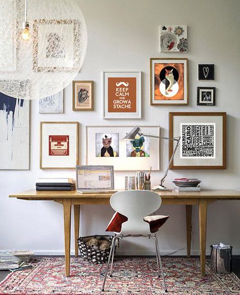 37 Cool Workspace Wall Decor Ideas That Will Give Spirit | Home Design And Interior Dining Carpet, Wood Marble, Workspace Inspiration, Set Decor, Furniture Trends, Table Chair, House Room, Art Colorful, A Desk