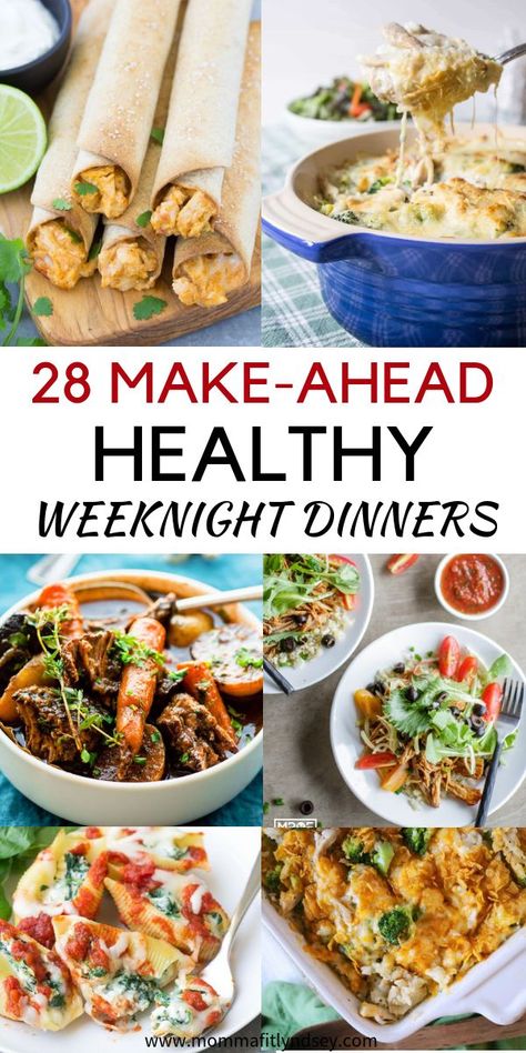 28 Make Ahead Weeknight Dinners that are Healthy and easy.  Make Ahead Dinners you can freeze for the week for kids and families.  Casseroles, chicken and other delicious recipes and freezer meals. Easy Meals For The Week Families, Best Make Ahead Dinner Recipes, Easy Make Ahead Dinners Families, Dinners That Last A Week, Make Ahead And Bake Dinners, Healthy Weekly Dinners, Cooking Meals For The Week, Recipes For Dinner Make Ahead, Made Ahead Dinners