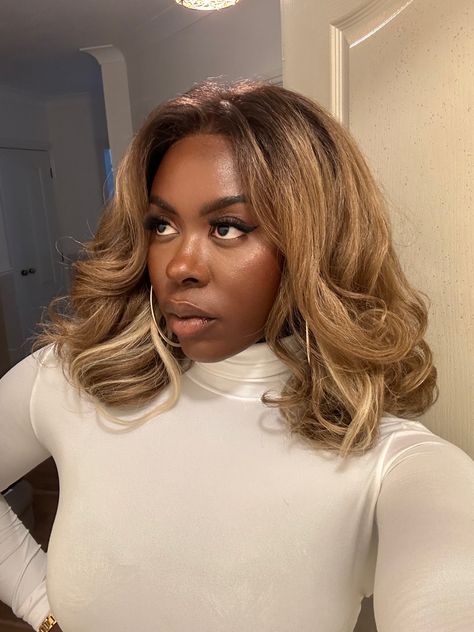 Blonde bouncy blowout on dark skin | long bob | lace front styles #blondehairstyles #blondebalayage #blondeshorthair #wigsforblackwomen #wigstyling #hairgoals Dark Blonde Hair On Black Women, Blonde Dark Skin Women, Honey Blonde Balayage Black Women, Dark Blonde Hair Black Women, Blonde Afro Dark Skin, Ash Blonde Hair Dark Skin, Brown Blonde Hair Black Women, Natural Blonde Hair Black Women, Dirty Blonde Black Women