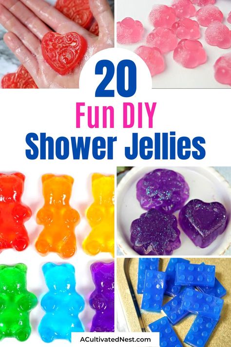 20 Fun DIY Shower Jellies- If you need a homemade gift, fun at-home project with the kids, or need to fill up your bathroom pantry, then you should check out these fun DIY shower jellies! | DIY jelly soaps, #crafts #homemadeGifts #showerJellies #diyBeauty #ACultivatedNest Bath Jellies Diy, Diy Soap Jellies, Diy Spa Crafts, Easy Diy Soap 3 Ingredients, Soap Jellies Diy, Jelly Soap Recipes, Shower Melts Diy, Diy Shower Gel, Shower Jellies Diy