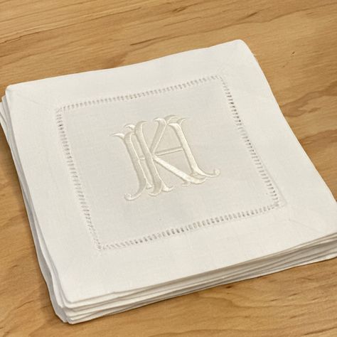 Monogrammed cocktail napkins are the perfect elegant home accessory. They make a great gift for hostess, housewarming, wedding or shower gifts! This option features an exquisite two letter overlapping chic monogram in your choice of thread color. ~ TO ORDER ~ 1. Select your number of napkins in the drop-down list 2. In the personalization box, provide:  * Monogram initial  * Τhread color(s) Can be done in one or two colors. For other personalized cocktail napkin options, visit this listing: https://www.etsy.com/listing/1155342081/monogrammed-linen-cocktail-napkins?ref=listings_manager_grid ~ PRODUCT DETAILS ~ White cotton/linen napkins with classic hemstitch trim. 6" x 6" square.  Proofs available upon request in notes to seller at checkout. Proof request may result in longer turnaround ti Monogram Napkins Wedding, Embroidered Cocktail Napkins, Monogram Cocktail Napkins, Gift For Hostess, Personalized Cocktail Napkins, Monogrammed Linens, Linen Cocktail Napkins, Monogram Towels, Embroidery Download