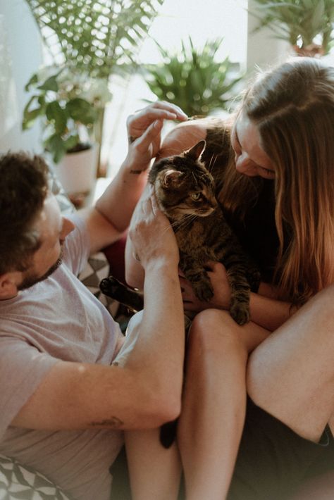 In home couple lifestyle session (12 of 58) Cat Family Photo, Engagement Photos At Home, Animal Photoshoot, Home Photo Shoots, Dog Photoshoot, Cat Cuddle, Destination Wedding Photos, Cat Pose, Cat Family