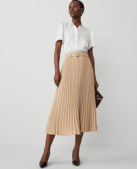 Keep it modern and easy with our belted pleated midi skirt, styled for a fully feminine spin. Belt loops. Self tie buckle belt. Hidden side zipper with hook-and-eye closure.,Hit:Hits at mid-calf,Imported:Imported,Length:34 1/4" long,Fabrication:100% Polyester,Garment Care:Machine Washable Belted Pleated Midi Skirt by Ann Taylor Size regular - 16 Baguette Women's Full, Skirts, 100%, Polyester, Machine, Washable Pleated Maxi Skirt Work, Pleated Cream Skirt, Beige Pleated Skirt Outfit, Long Cream Skirt, Pleated Skirt Outfit Casual, Work Outfits Women Skirt, Professional Skirts, Long Pleated Skirt Outfit, Feminine Work Outfit