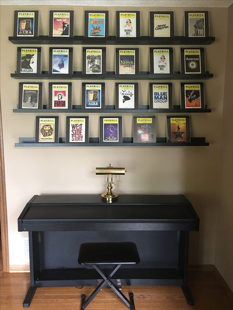 Playbill Wall Display, Broadway Playbills Display, Playbill Display Ideas, Playbill Wall, Playbill Collection, Playbill Display, Broadway Themed Room, Theater Room Decor, Piano Wall