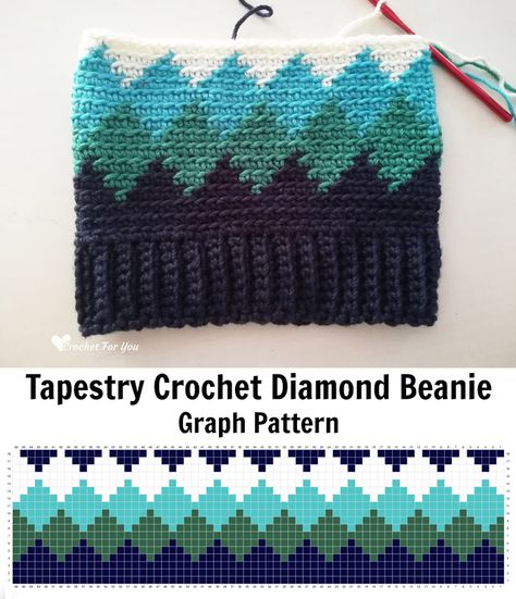 Tapestry Crochet Diamond Beanie Free Pattern - Crochet For You Square Hat Crochet Pattern, Tapestry Crochet Beanie, Tapestry Crochet Hat Patterns Free, Tapestry Crochet Hat, Diamond Crochet, Crochet Square Hat, Beanie Pattern Free Crochet, Crochet Boys Hat, Crochet Diamond