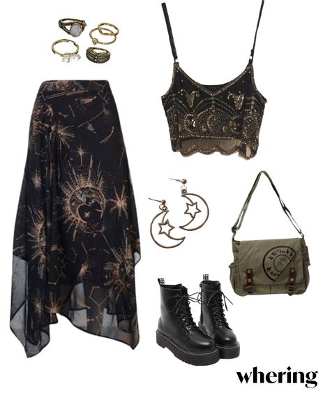 Goth Hippy Aesthetic, Ethereal Witch Outfits, Mythical Outfits Women, Starry Outfit Aesthetic, Grunge Bohemian Outfits, Queer Witch Aesthetic, Pagan Outfits Witches, Witchy Cottagecore Outfit, Modern Day Witch Aesthetic