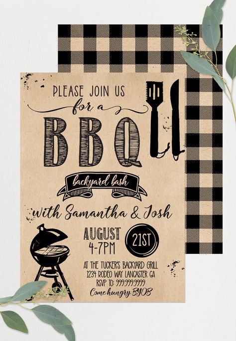 "Download instantly! These black on craft paper BBQ Invitations feature an easy to use self-edit file of this popular Rustic Summer BBQ theme, so you can host your summer BBQ or new Housewarming backyard party, simply and beautifully ( and INSTANTLY)! Perfect for all of the following: ♥ Backyard BBQ ♥ BBQ Birthday ♥ Summer Party ♥ Couples Wedding Shower ♥ Neighborhood Party ♥ Grill and Chill ♥ Children and Adults alike ♥ Nearly Anything else you can think of! Includes free backside and bonus tha Grill And Chill, Baby Bbq, Backyard Bbq Wedding, Bbq Birthday Party, Bbq Theme, Bbq Birthday, Bbq Party Invitations, Neighborhood Party, Backyard Bbq Party