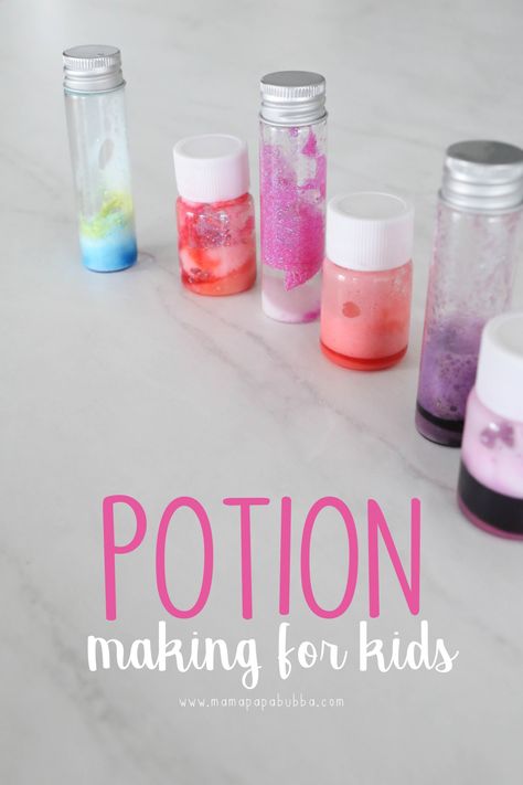 Potion Making for Kids | Mama.Papa.Bubba. Potion Sensory Bottles, Diy Potion Ingredients, Bath Potions Diy Kids, Edible Potions For Kids, Fairy Potion Recipes, Potion Making For Kids, Magic Potions For Kids, Witch Potion Recipe, Potion Lab