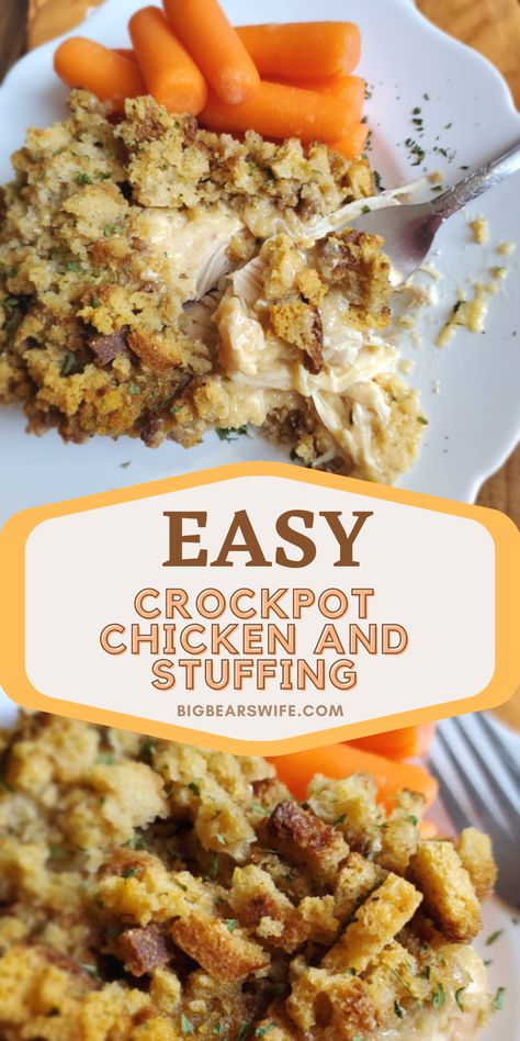 This Slow Cooker Crockpot Chicken and Stuffing recipe reminds me of a meal that my mom would have made when I was growing up! Toss a few easy ingredients into the slow cooker and dinner will be ready without much work at all! This 1980s Slow Cooker Chicken and Stuffing only takes about 5 minutes to toss together! via @bigbearswife Recipes With Chicken Tenderloins Crock Pots, Crock Pot Stove Top Chicken, Crockpot Stuffing Casserole, Turkey Tenderloin And Stuffing Crockpot, Slow Cooker Stove Top Chicken, Crock Pot Chicken And Stuffing Casserole, Frozen Chicken And Stuffing Crockpot, Crock Pot Chicken With Stove Top Stuffing, Chicken Broccoli Stuffing Crockpot