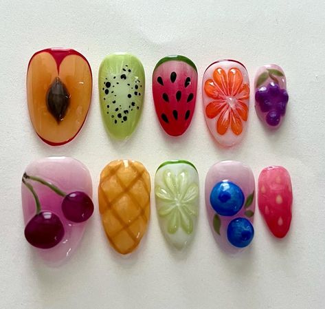 3d fruits 🍇🍒🍊 3d Nail Designs Fruit, Short Fruit Nail Designs, Fruits Nails Design, 3d Fruit Nail Art, 3d Fruit Nails, 3 D Nails Designs, Fruits Nails, Spring Nails Inspiration, Freestyle Nails