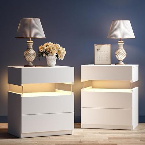 Light Nightstands, Bedside Tables White, White Nightstands, Led Bedside Table, Bedroom End Tables, Nightstand White, Nightstand Set Of 2, White Bedside Table, Led Light Design