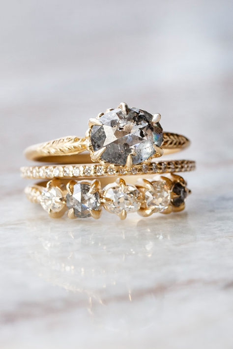 Handmade wedding stack featuring salt and pepper solitaire engagement ring, pave set diamond wedding band, and mixie band with antique and salt and pepper diamonds, all in 18K yellow gold with hand carved details by Designer Megan Thorne Salt And Pepper Ring Stack, Salt And Pepper Diamond Wedding Band, Salt And Pepper Wedding Band, Wedding Stack, Wedding Ban, Engagement Ring Pave, Spice It Up, Diamond Wedding Band, Salt And Pepper Diamond