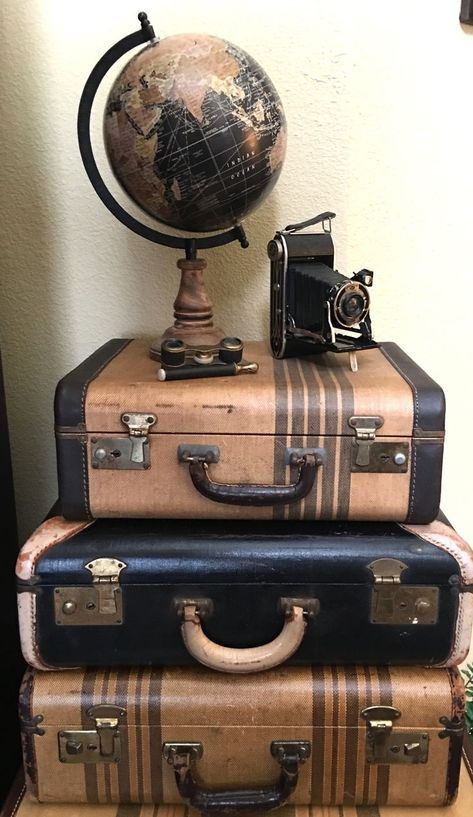 Vintage suitcases from 1940’s and 1950’s with vintage camera, opera glasses and pretty black globe add to my fall decor Vintage Suitcase Decor, Travel Room Decor, Suitcase Decor, Travel Room, Diy Organizer, Opera Glasses, Old Suitcases, Vintage Suitcases, Vintage Industrial Furniture