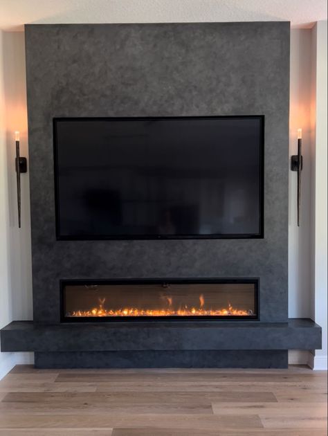 Linear Fireplace With Hearth And Tv, Infrared Fireplace Wall, Fireplace Tiles Modern, Modern Electric Fireplace Wall With Tv, Electric Marble Fireplace, Modern Venetian Plaster Fireplace, Fireplace Tv Wall With Bench, Electric Fireplace Ideas Tile, Venetian Plaster Electric Fireplace