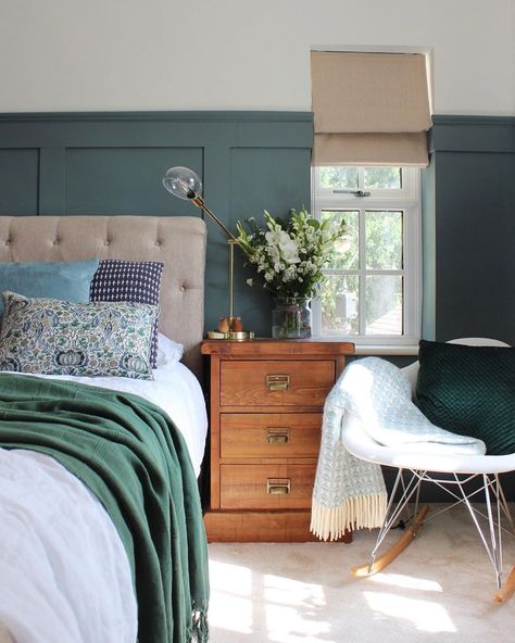 The Squiffy Mill | Batten and board DIY panelling painted in Farrow & Ball De Nimes. Country style bedroom with modern touches and blue and green tones. Panelled Hallways, De Nimes Bedroom, 20s Bedroom, Diy Panelling, Hardwick White, Modern Country Decor, Bedroom Colours, Home Schooling, About Today