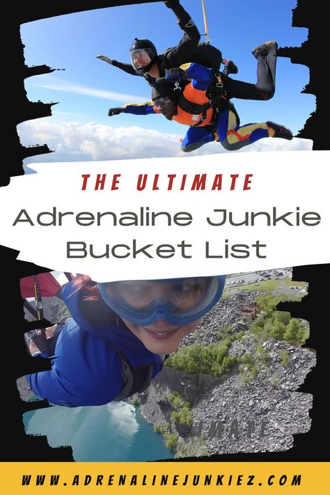 Are you thirsty for your next adventure? Do you love action-packed thrills and experiences? Then check out these hair-raising, stomach-churning activities. The ultimate adrenaline junkie bucket list is packed full of extreme activities and ideas from across the world. From diving with great whites to ice climbing, polar plunge, or wing walking. There are so many things to try before you die! Be inspired, be scared, but most of all, live life to the full. #adrenalinejunkie #adventuretravel Thrill Seeking Activities, Wing Walking, Adrenaline Activities, Hero Archetype, Polar Plunge, Extreme Activities, Africa Vacation, 2024 Travel, Africa Travel Guide