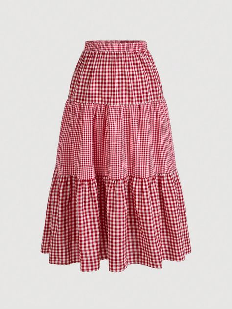 Plus Size Summer Picnic Red & White Plaid Patchwork Layered Skirt Red and White Casual   Woven Fabric Colorblock,Gingham,Plaid Layered/Tiered Non-Stretch  Women Plus Clothing, size features are:Bust: ,Length: ,Sleeve Length: Long Plaid Skirt, Layered Ruffle Skirt, Long Skirt Casual, Summer Sewing, Gingham Skirt, Red Gingham, Plus Size Summer, Plus Size Skirts, Layered Skirt